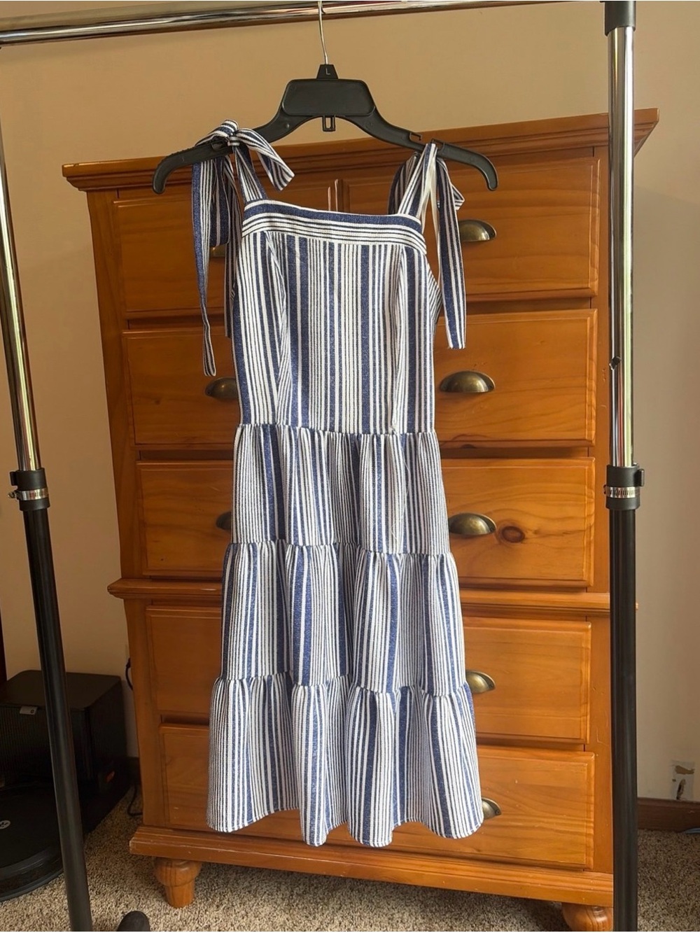 Striped Tie-Shoulder Midi Dress in Blue and White
